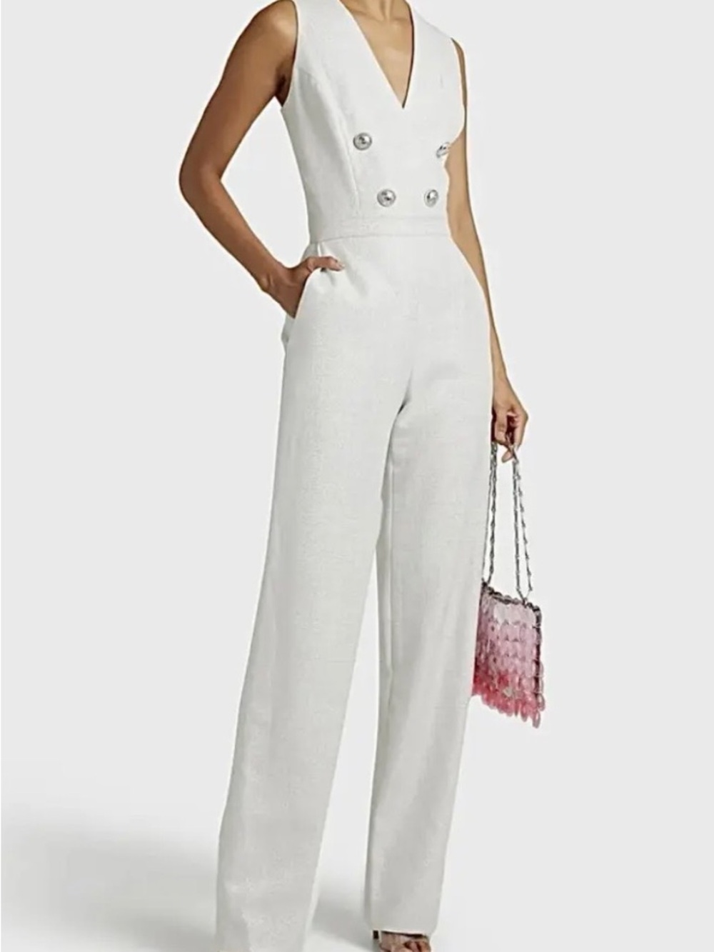 Balmain White Double-Breasted V-Neck Wide-Leg Jumpsuit